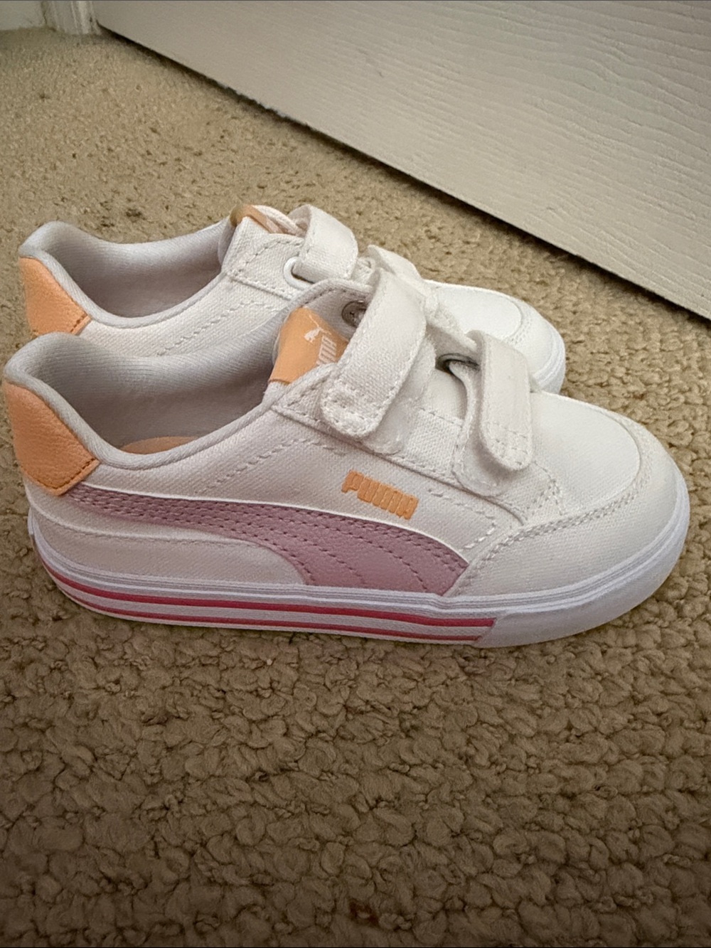 Puma Kids White Sneakers with Pink Stripe and Peach Heel